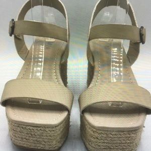 Mia lvory faux leather buckle strap chunky heel espadrille sandals